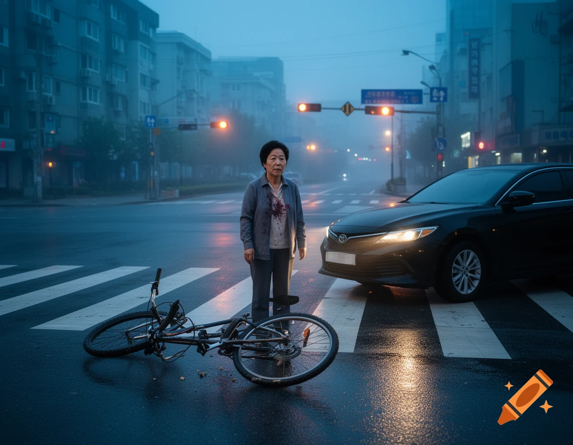 A middle-aged woman stands on a wet crosswalk next to a fallen bicycle and a stopped car under a foggy morning sky.