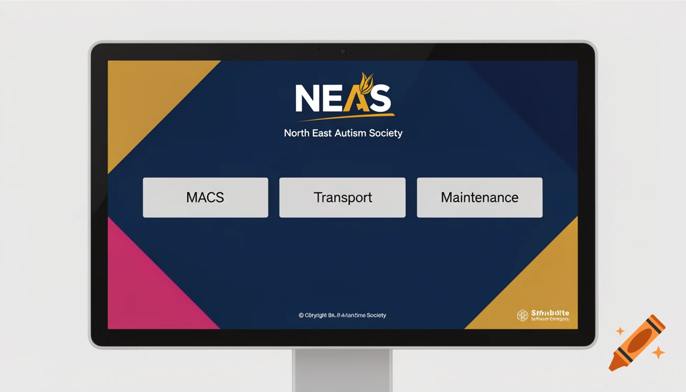 Kiosk tablet display showing NEAS logo, buttons for MACS, Transport, Maintenance, and footer copyright.