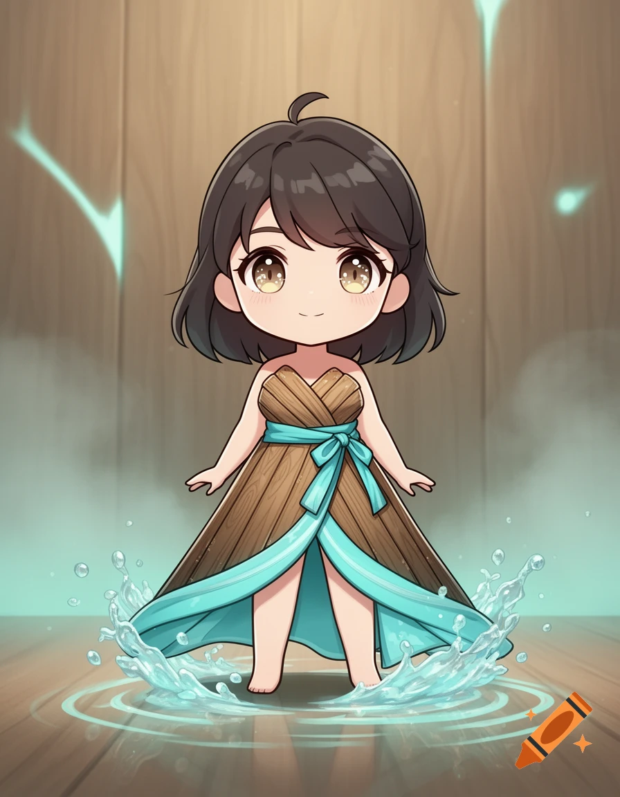 Chibi anime girl standing in a pool of water, wearing a wooden panel dress with aqua-blue trim, digital illustration.