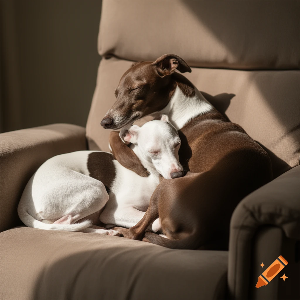 Photorealistic closeup of two Italian Greyhounds sleeping peacefully together on a light brown recliner chair in sunlight.