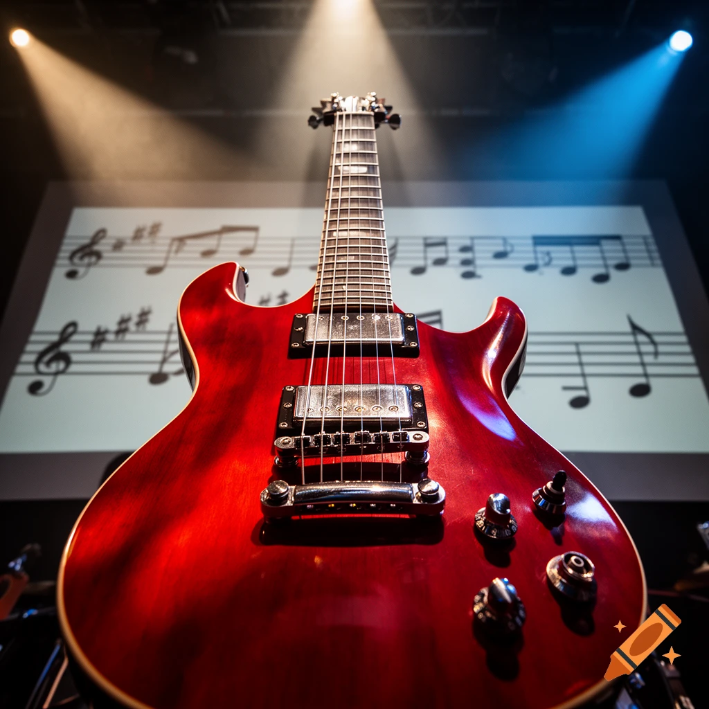 Worm's-eye view of a red electric guitar with a music staff and notes on a screen in the background under dramatic lighting.