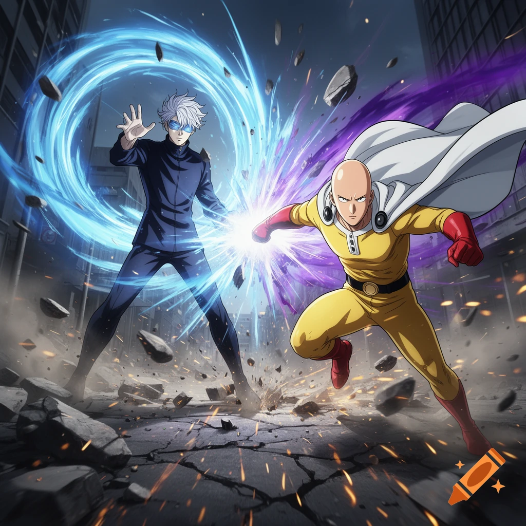 Anime style illustration of Gojo Satoru and Saitama fighting in a destroyed city street.
