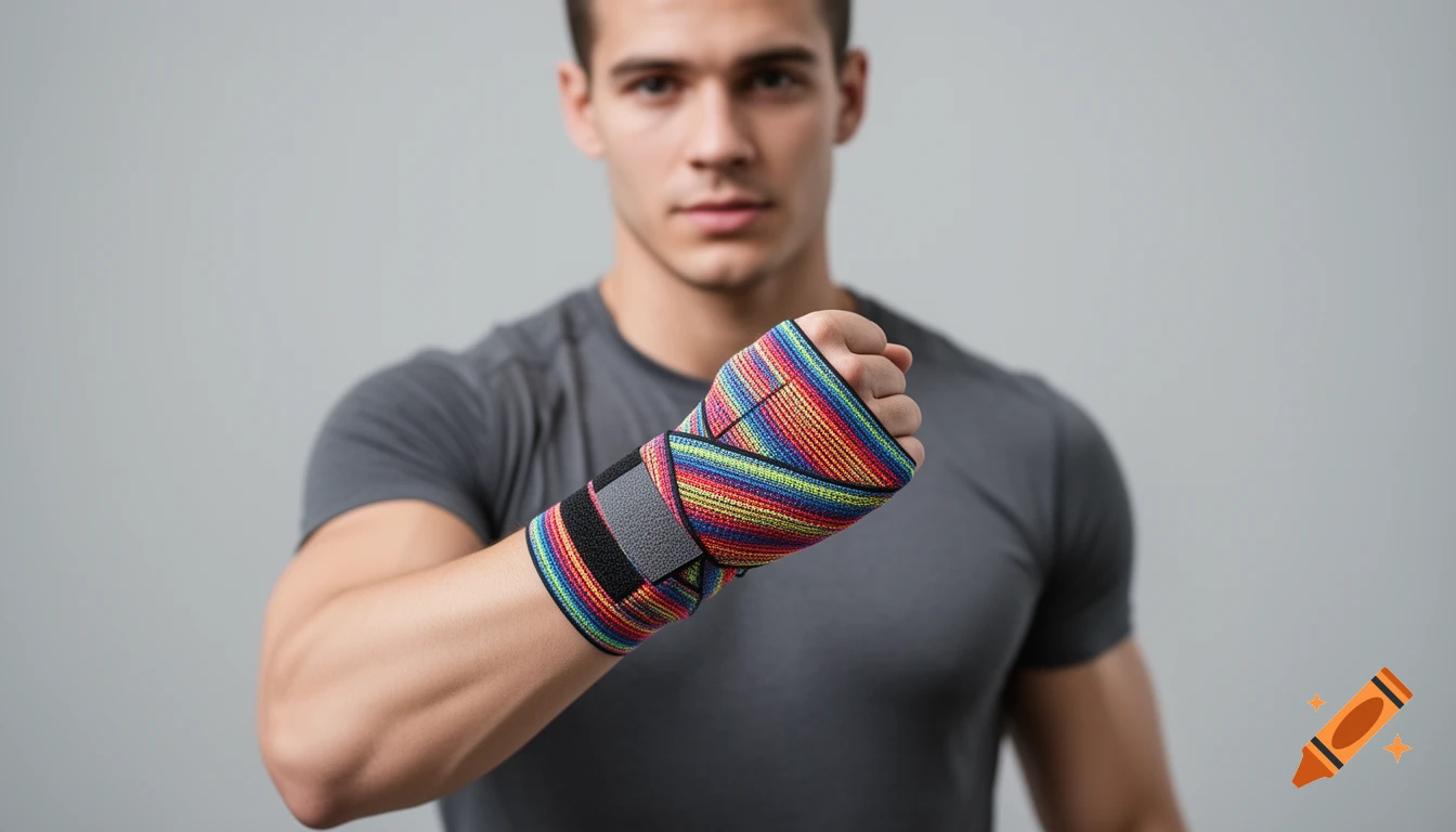Close-up of a young man with a colorful elastic wrist wrap after strength training, photorealistic commercial style.