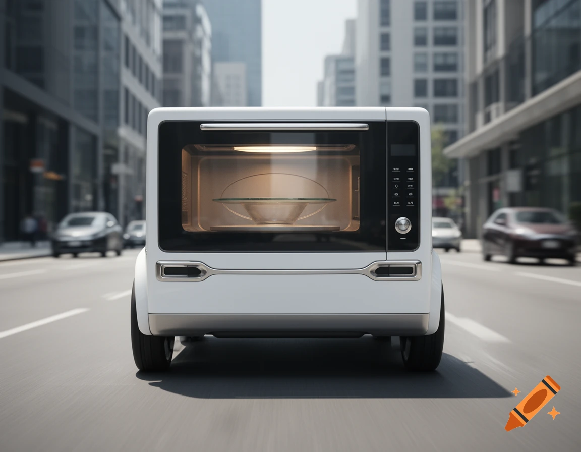 Photorealistic front view of a white electric car shaped like a microwave driving down a city street.