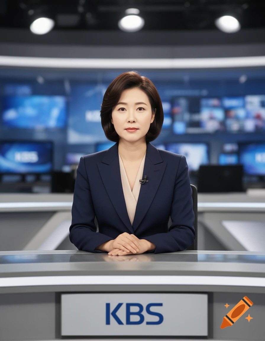 Photorealistic image of a female news anchor sitting at a desk with the KBS logo.