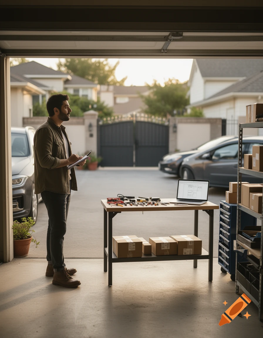 A man standing in a home garage workspace looking at a clipboard with a workbench, laptop, and boxes.