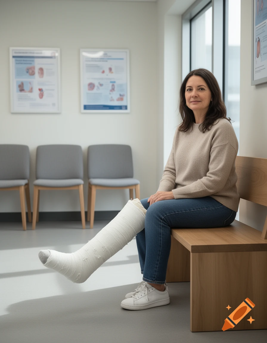 Photorealistic image of a woman sitting on a wooden bench in a medical waiting room, with her leg in a plaster cast.