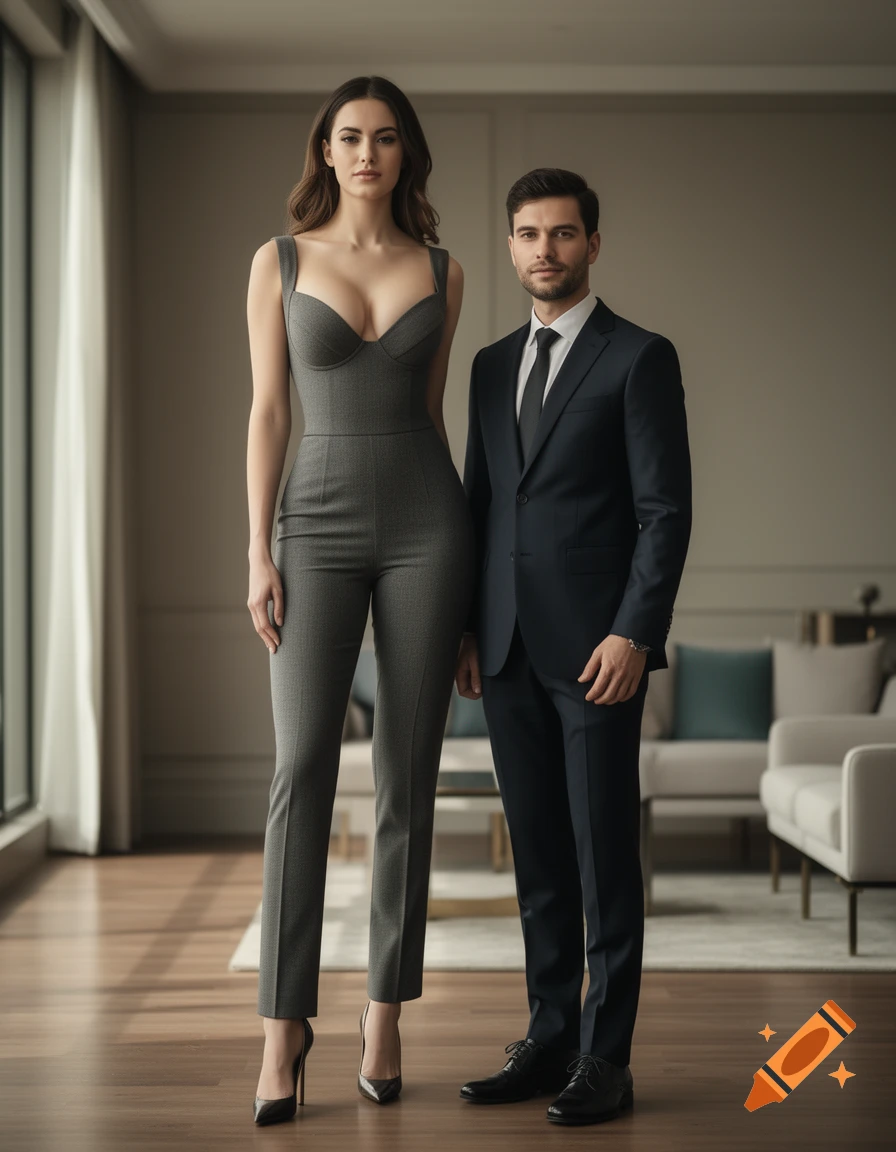 Photorealistic full-body portrait of a tall woman in a gray jumpsuit and heels standing next to a shorter man in a dark suit inside a modern living room.