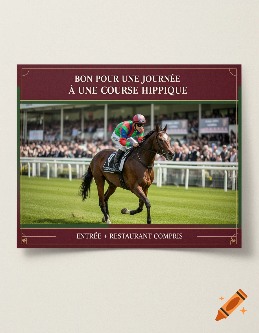 Voucher for a day at the horse races featuring a photo of a jockey riding a racehorse at a track.