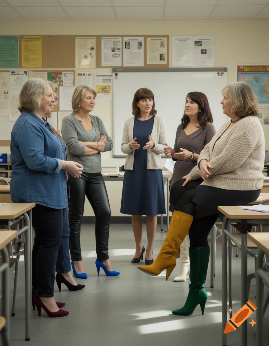 Five middle-aged women casually dressed with colorful high heels standing and talking in a classroom.