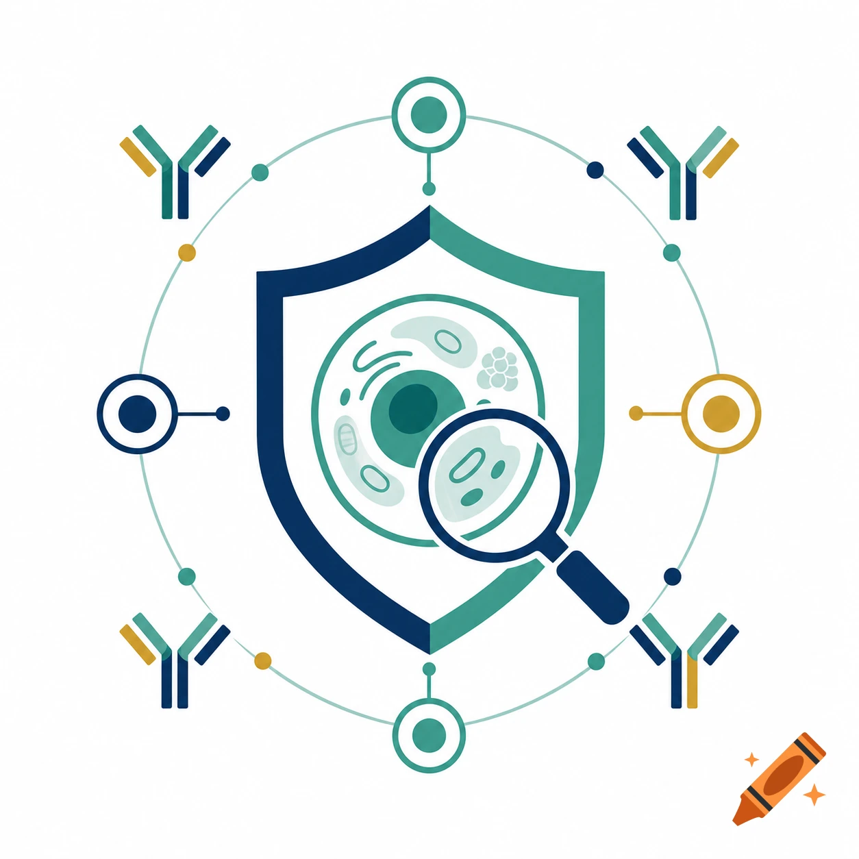 Vector illustration of a medical shield protecting a cell, examined by a magnifying glass, surrounded by antibodies in a circular network.