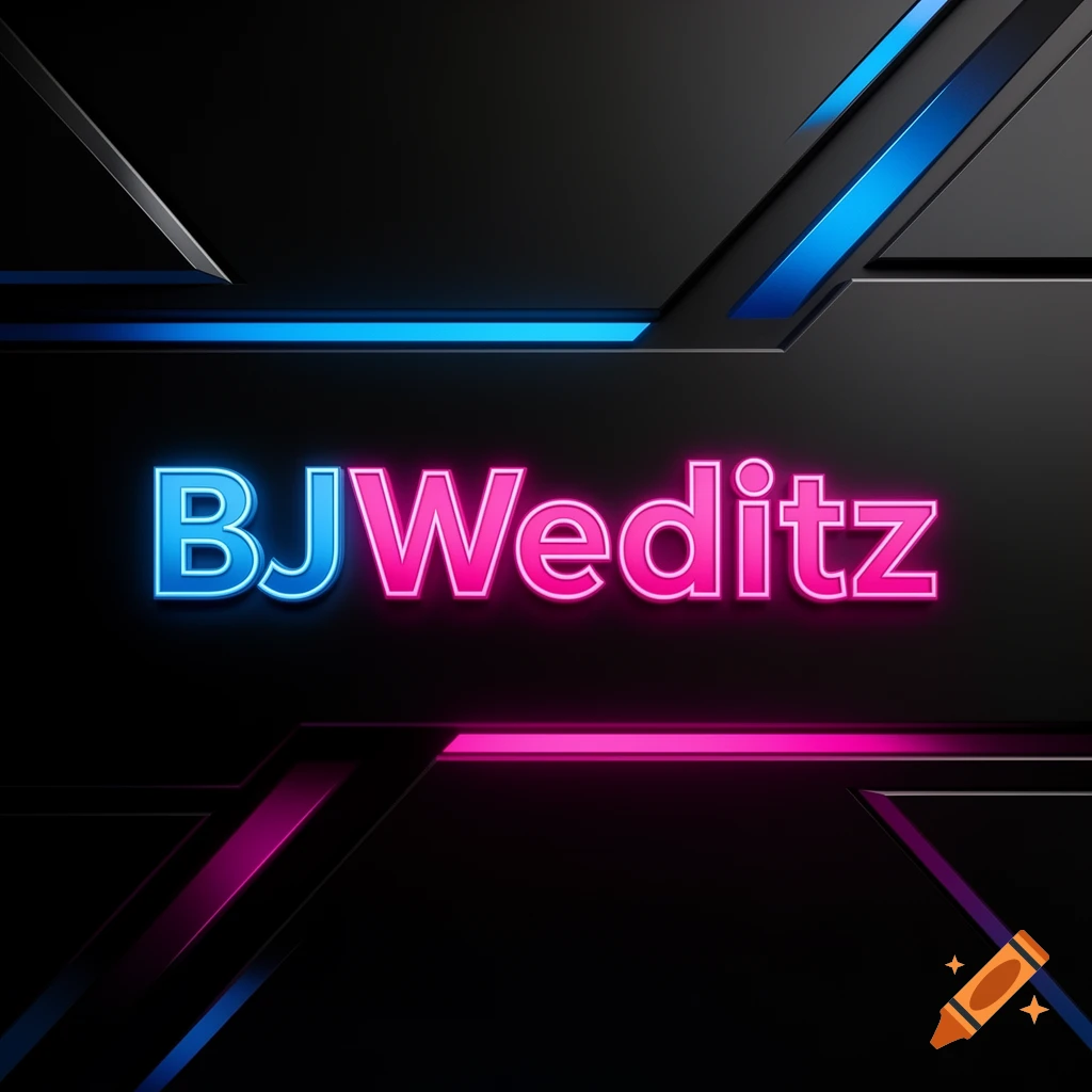 A 3D neon sign reading 'BJWeditz' with blue and pink glowing letters on a dark geometric background.