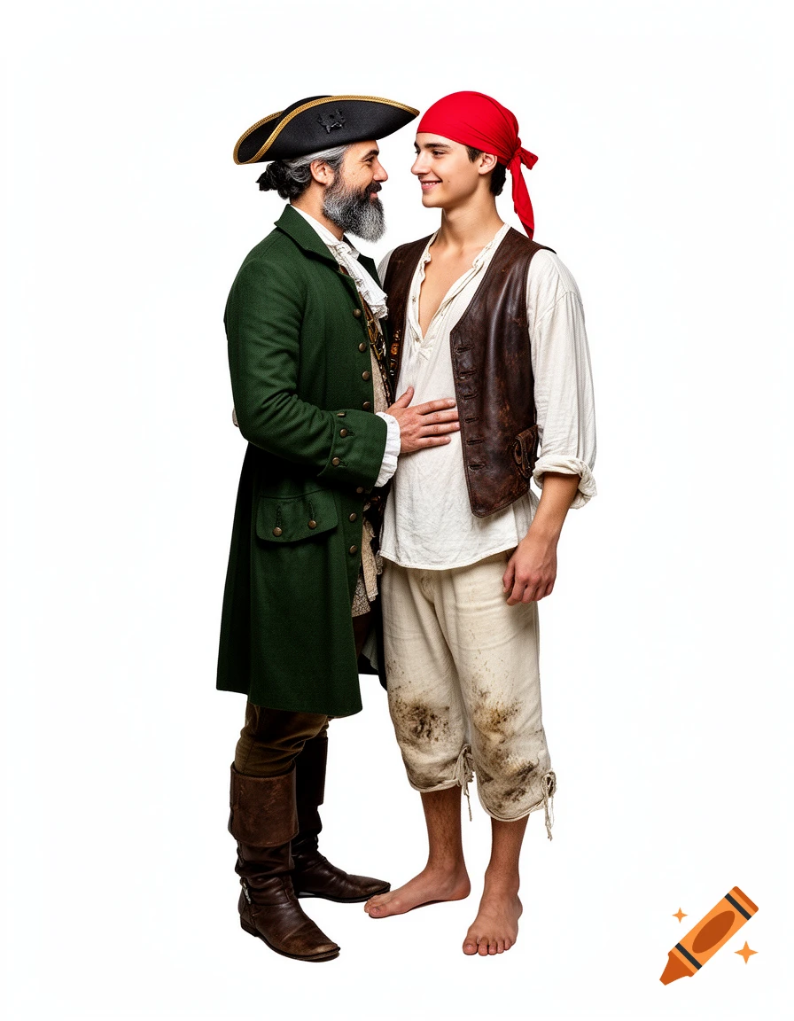Full-length photorealistic portrait of two male pirates in an intimate embrace against a solid white background.