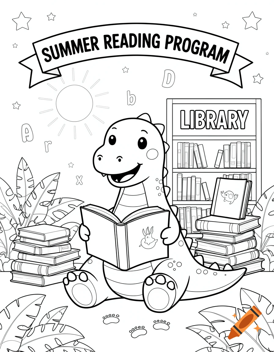 Black and white coloring page of a smiling dinosaur reading a book in a library, surrounded by bookshelves and leafy plants.