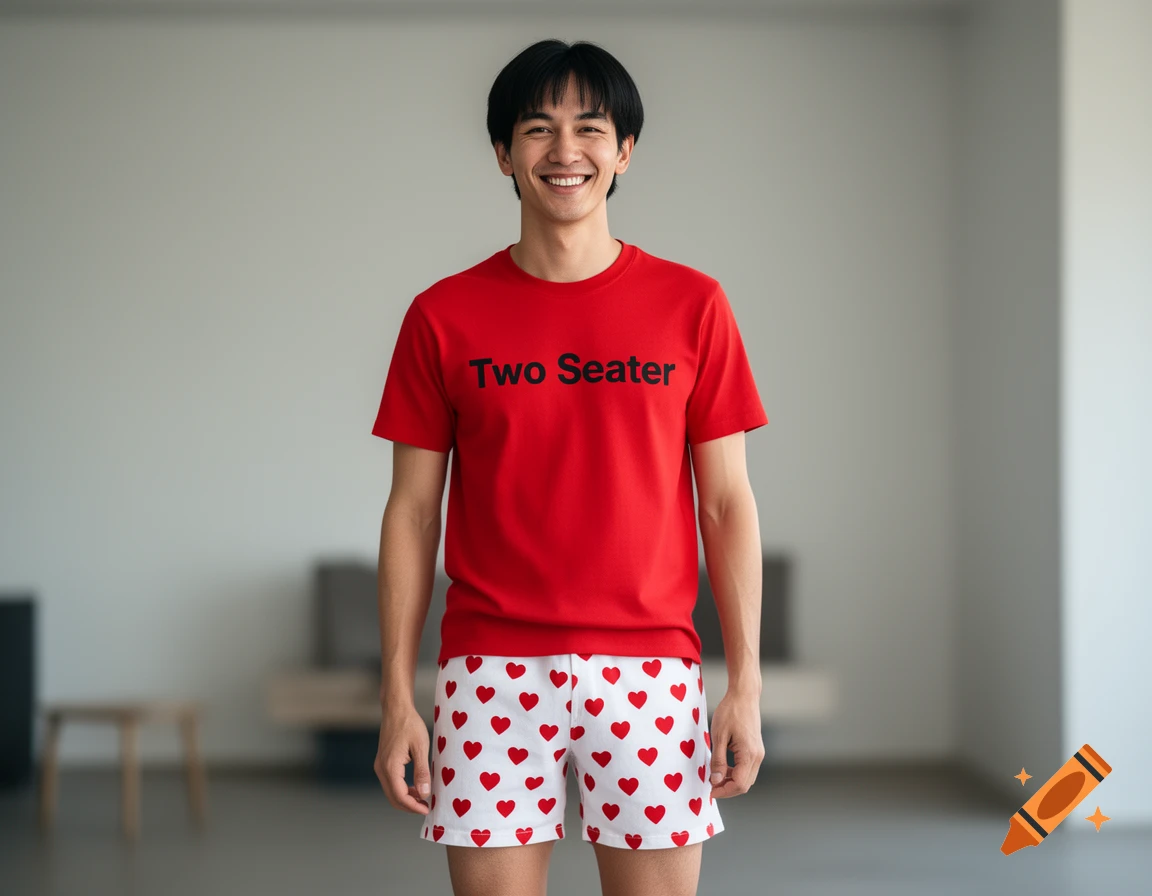 Photorealistic portrait of a smiling young man wearing a red t-shirt with 'Two Seater' text and white shorts with red hearts.