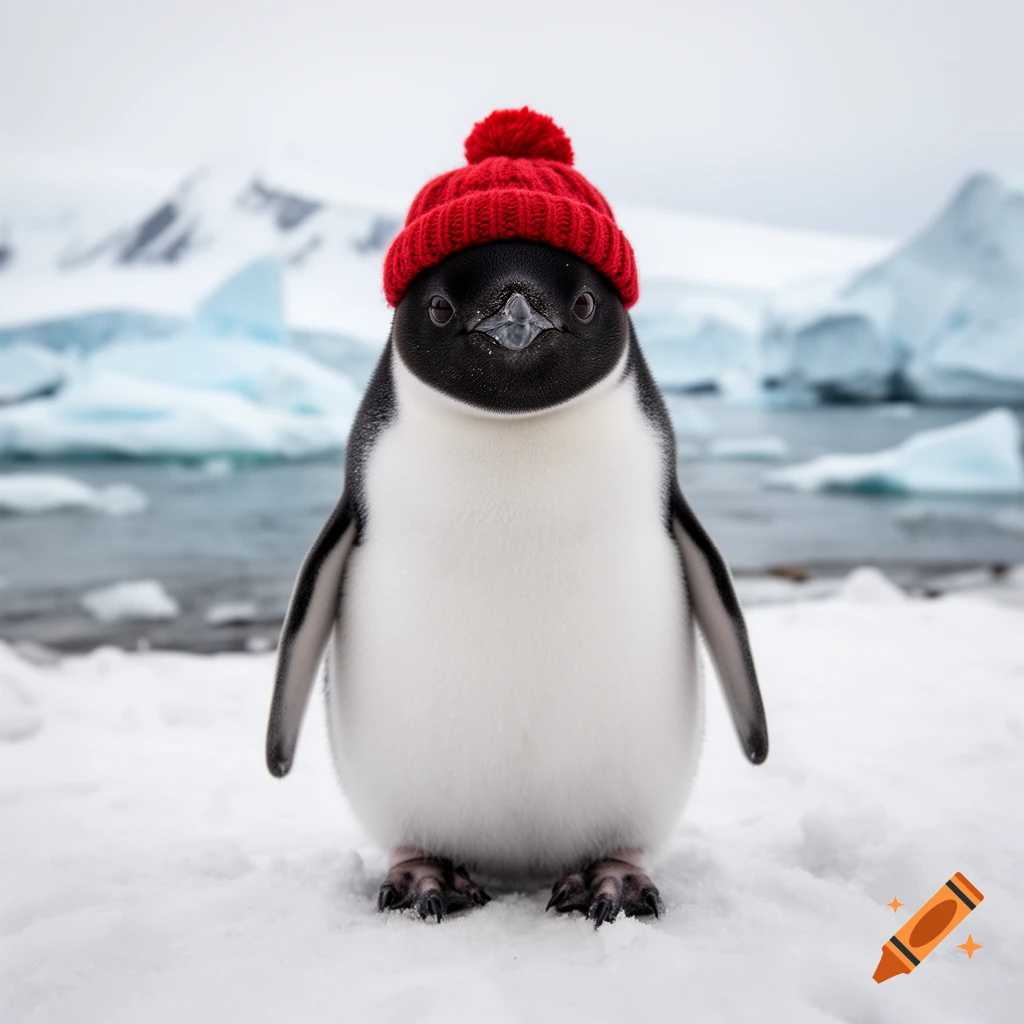 A photorealistic close-up of a cute penguin wearing a red knitted beanie hat in an icy polar landscape with glaciers.