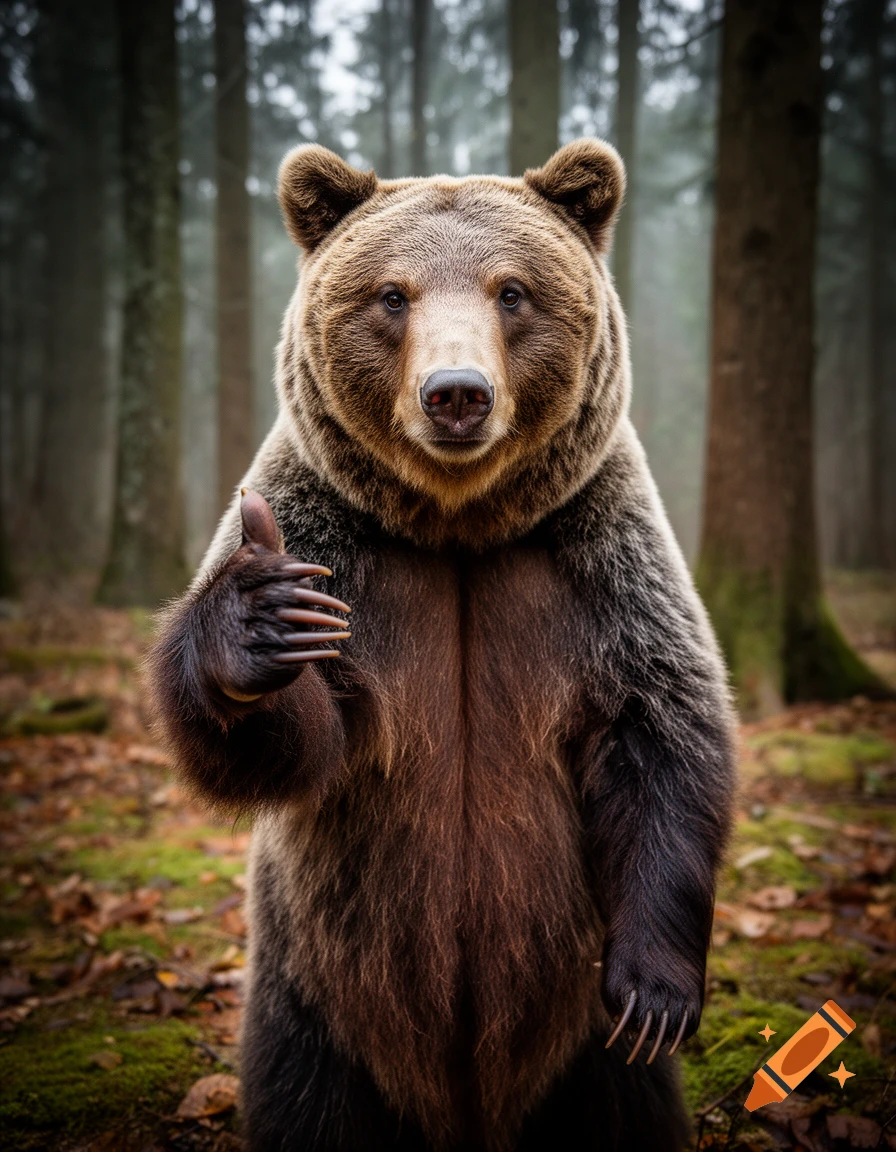 Photorealistic image of a brown bear standing in a misty forest, giving a thumbs-up gesture.