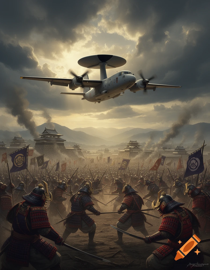An E-2D Hawkeye surveillance aircraft flying over a massive Sengoku period battle with samurai warriors fighting in a misty valley.
