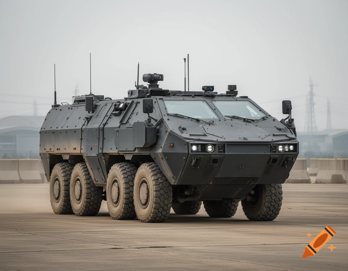 Photorealistic image of a heavy, dark gray armored personnel carrier with multiple wheels standing on a concrete surface.