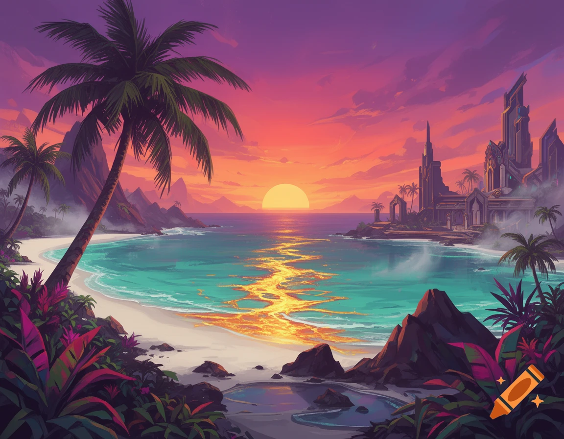 Vibrant digital illustration of a tropical beach at sunset with palm trees and futuristic architecture in the distance.