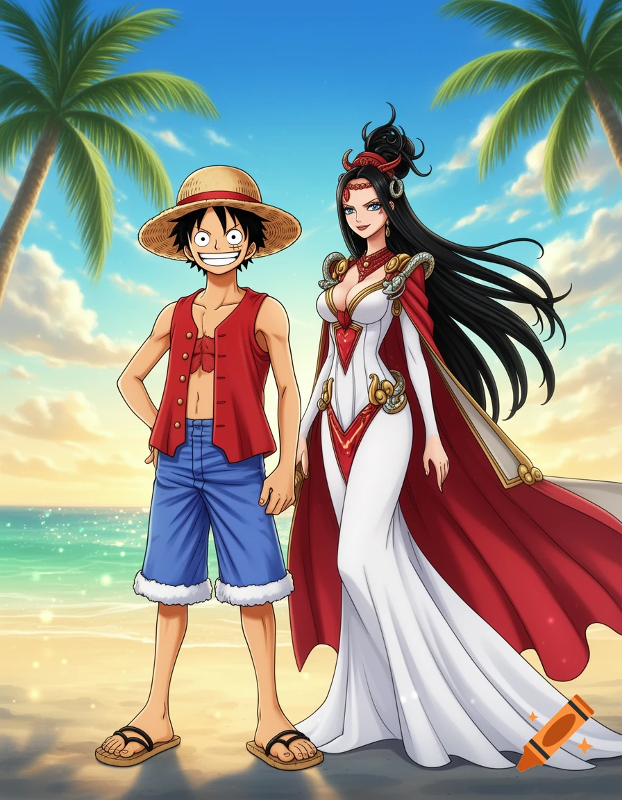 Monkey D. Luffy and Boa Hancock standing on a tropical beach with palm trees in anime style.