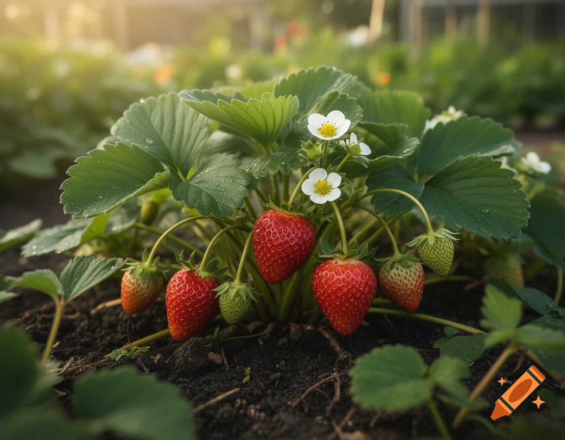 Photorealistic strawberry bush with ripe red strawberries, green leaves, and white flowers in dark soil.