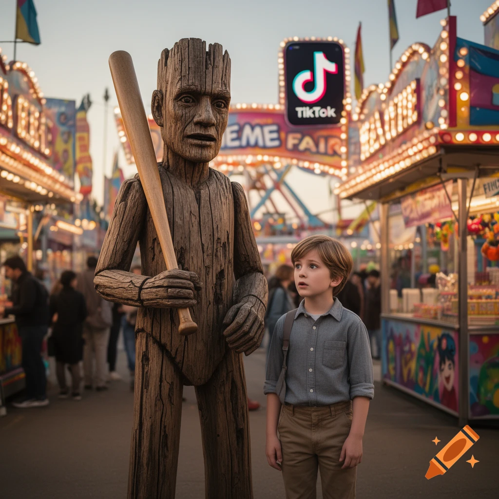 A wooden creature holding a baseball bat standing next to a young boy at a brightly lit night fair with a TikTok sign in the background.