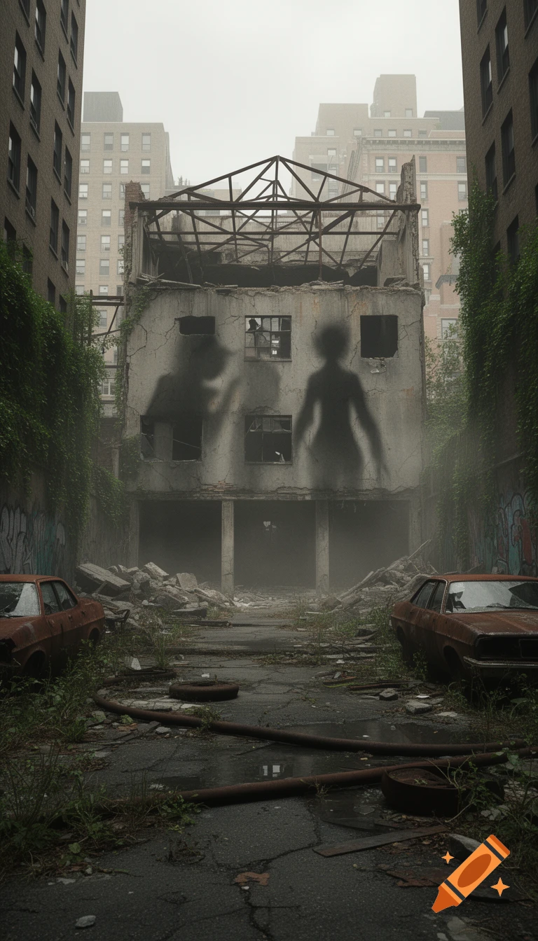 Photorealistic image of an abandoned urban ruin with towering apartment buildings and shadowy djinn silhouettes.