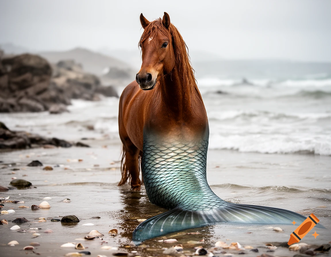Photorealistic image of a horse-mermaid hybrid standing on a sandy beach with ocean waves in the background.