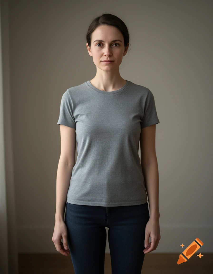 Photorealistic portrait of a woman standing and looking forward in a grey t-shirt and blue jeans.