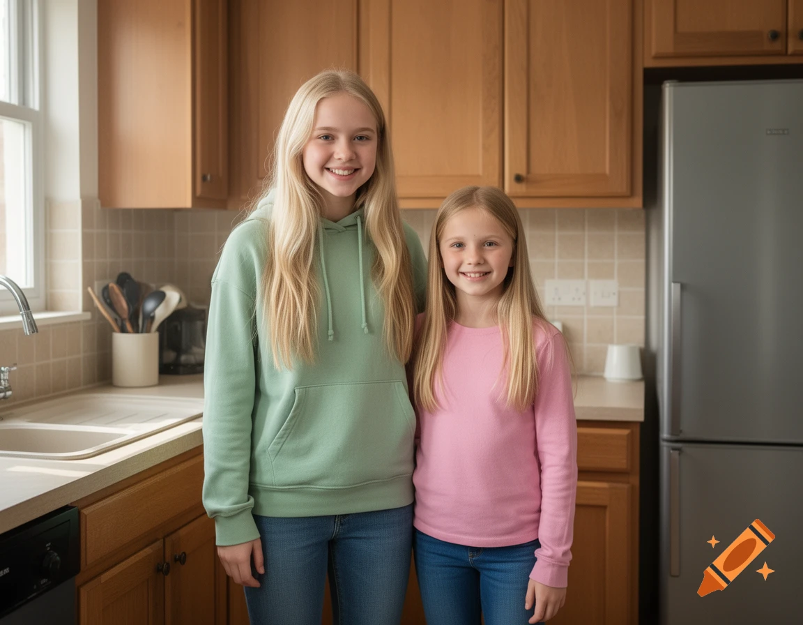 Photorealistic image of two smiling blonde girls standing in a kitchen.