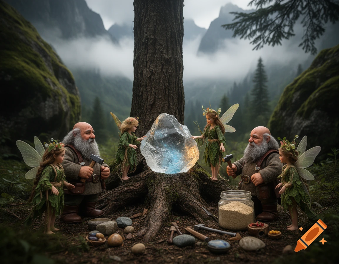 Photorealistic scene of tiny bearded dwarves and winged fairies gathered around a glowing crystal in a misty mountain forest.