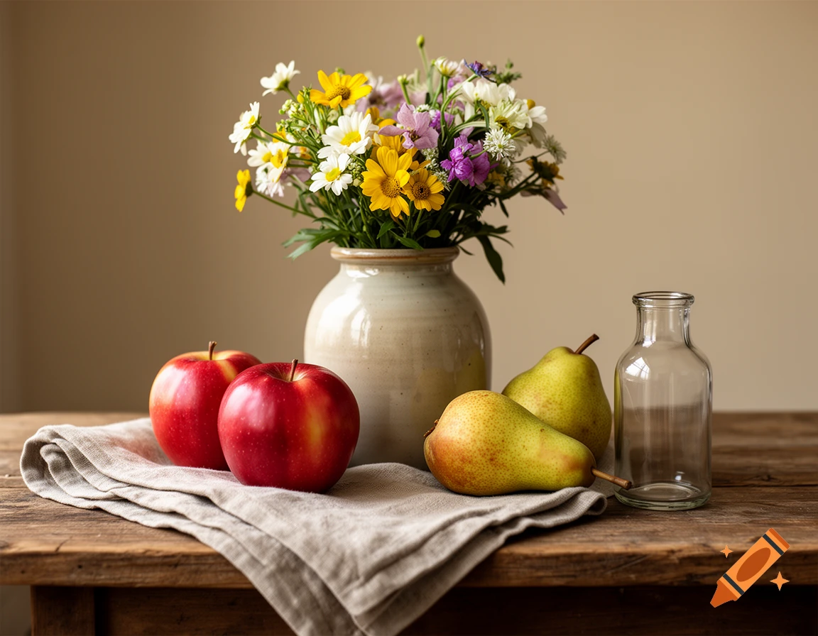 Photorealistic still life with a vase of wildflowers, red apples, pears, and a clear glass bottle on a rustic wooden table.