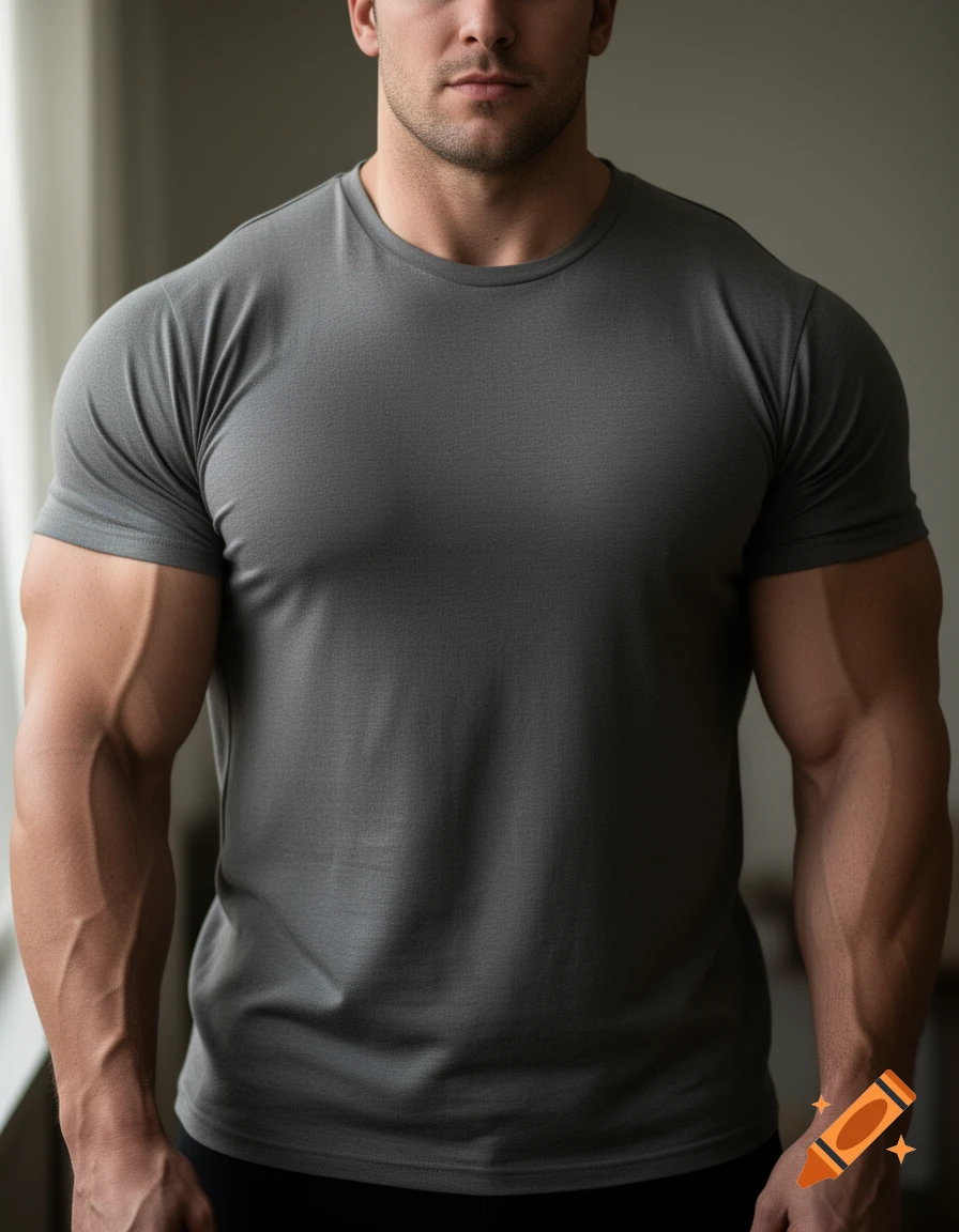 Close-up photorealistic portrait of a muscular man with broad shoulders wearing a grey t-shirt.