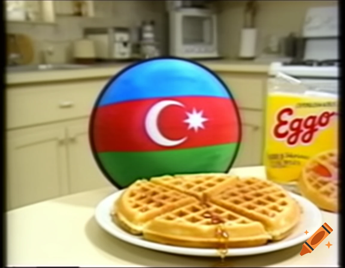 1999 commercial style video of an Azerbaijan countryball with waffles and an Eggo box in a kitchen.
