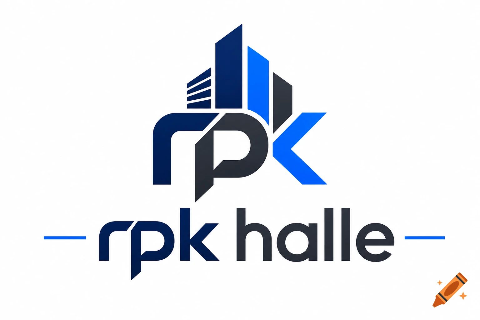 A modern minimalist logo with blue and dark gray geometric shapes forming the letters rpk and the word rpk halle.