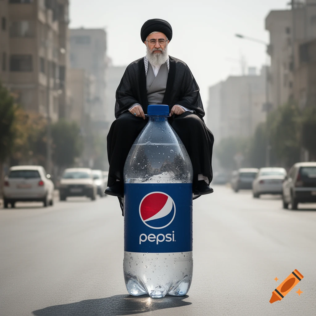 Photorealistic image of a religious figure riding a giant Pepsi bottle in the middle of a city street.