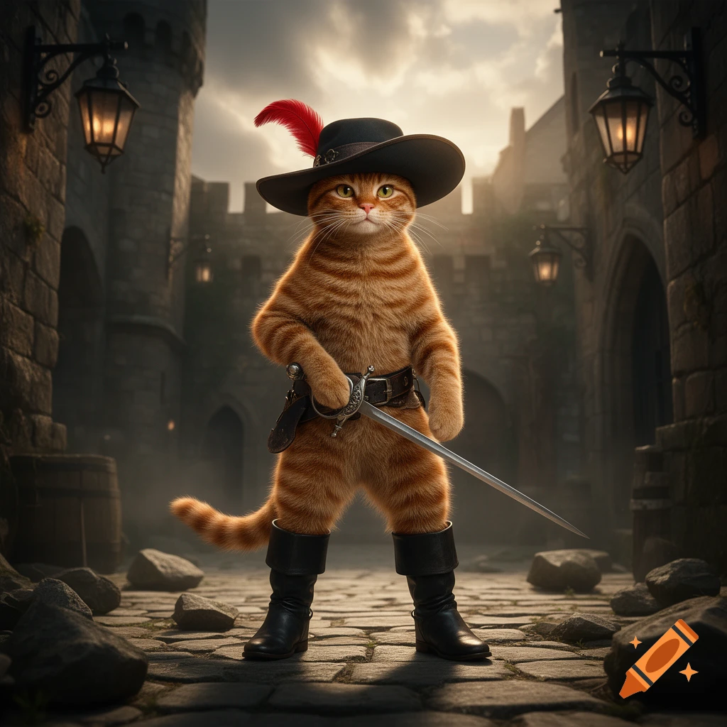 An anthropomorphic ginger cat dressed as Puss in Boots with a hat and sword, standing in a medieval stone alleyway.