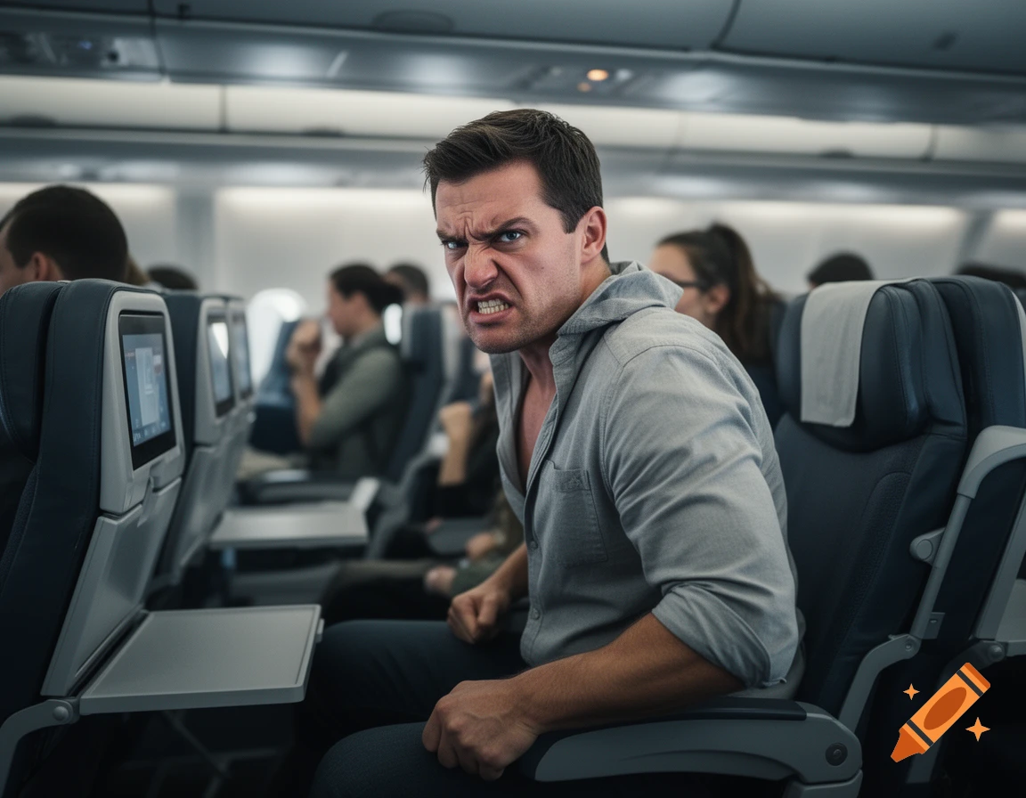Photorealistic image of an angry man sitting in an airplane seat, looking back with an expression of frustration.