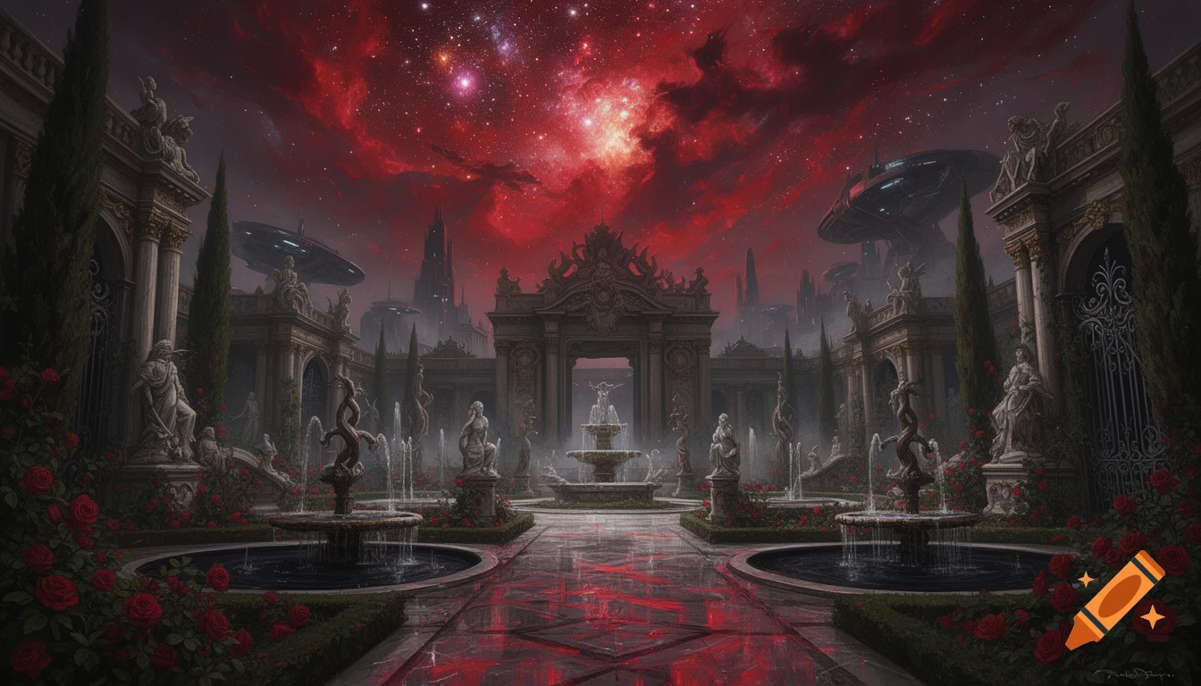 Baroque courtyard garden with fountains and classical statues under a glowing red sci-fi nebula sky, digital painting.