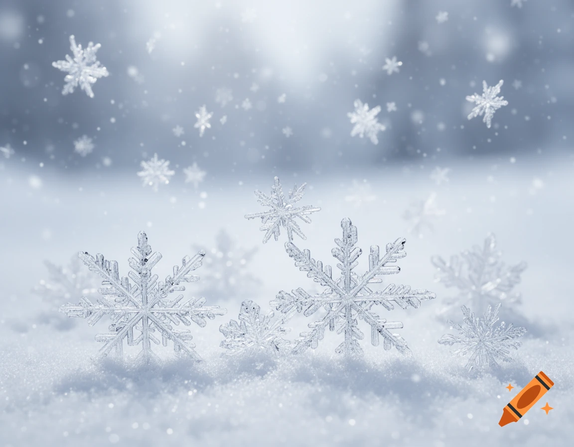 Close-up photorealistic image of detailed snowflakes and ice crystals resting on a snowy surface with blurred snowfall background.