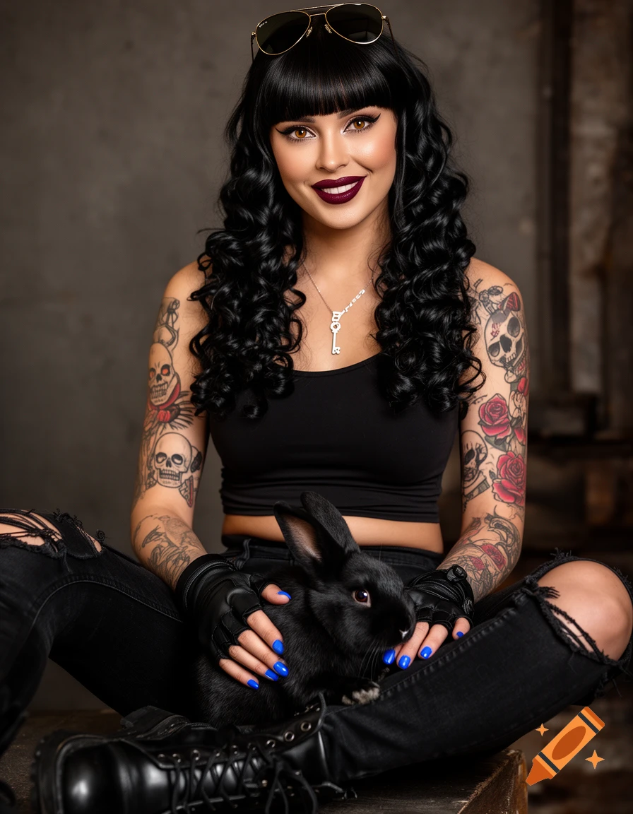 Photorealistic portrait of a gothic woman with black hair, tattoos, and aviator sunglasses holding a black rabbit.