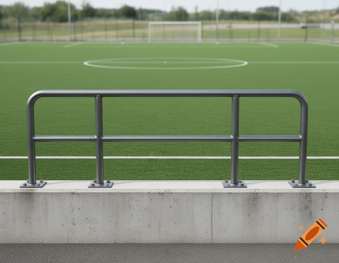 Photorealistic frontal view of a dark grey metal safety railing installed on a low concrete wall in front of a soccer field.
