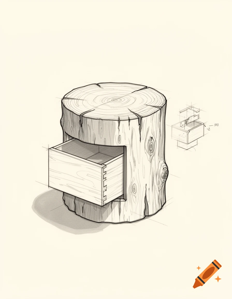 A technical sketch of a round wooden stool with a built-in drawer, featuring dimensional notes and a cutout detail.