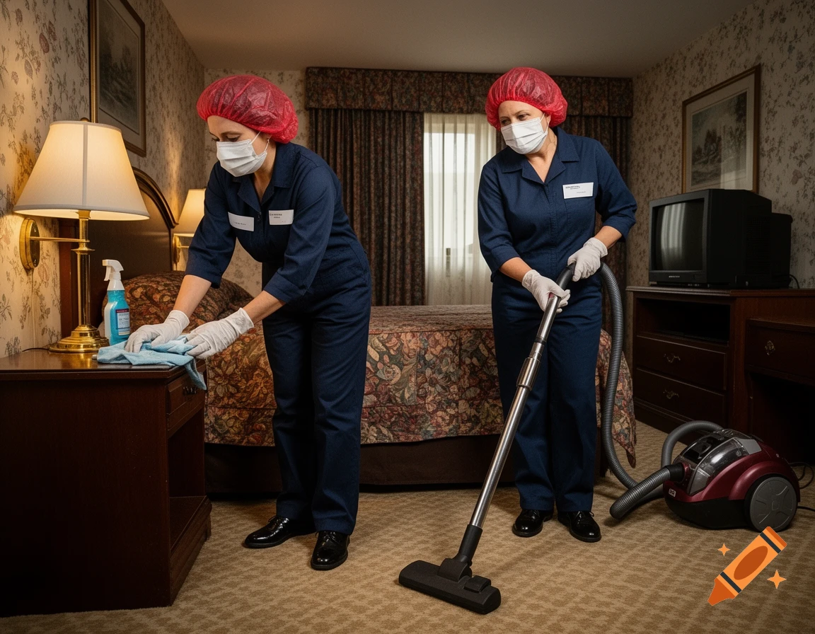 Photorealistic image of two women in navy blue jumpsuits and red bouffant caps cleaning a hotel room.