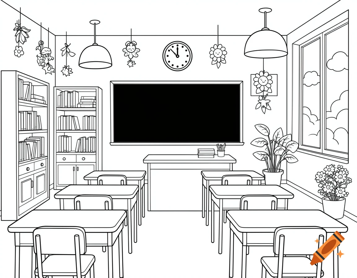 Black and white line art coloring page of a classroom with desks, chairs, a blackboard, and bookshelves.