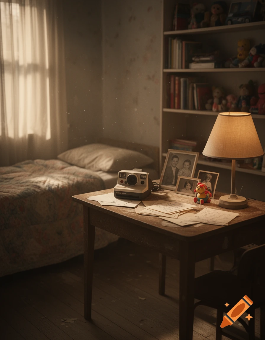 Vintage bedroom interior with a desk holding a Polaroid camera, old photographs, and a lamp, illuminated by soft window light.