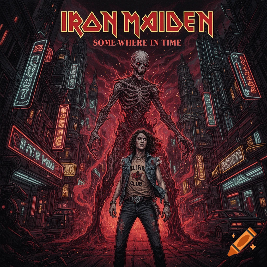 Album cover art featuring a skeletal alien creature towering over Eddie Munson in a futuristic cyberpunk city.