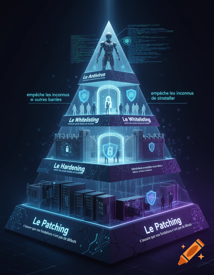 A glowing holographic cybersecurity pyramid featuring layers representing patching, hardening, whitelisting, and antivirus.