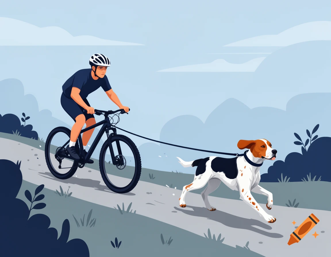 Flat vector illustration of a cyclist riding a mountain bike while towing a hunting dog on a trail.